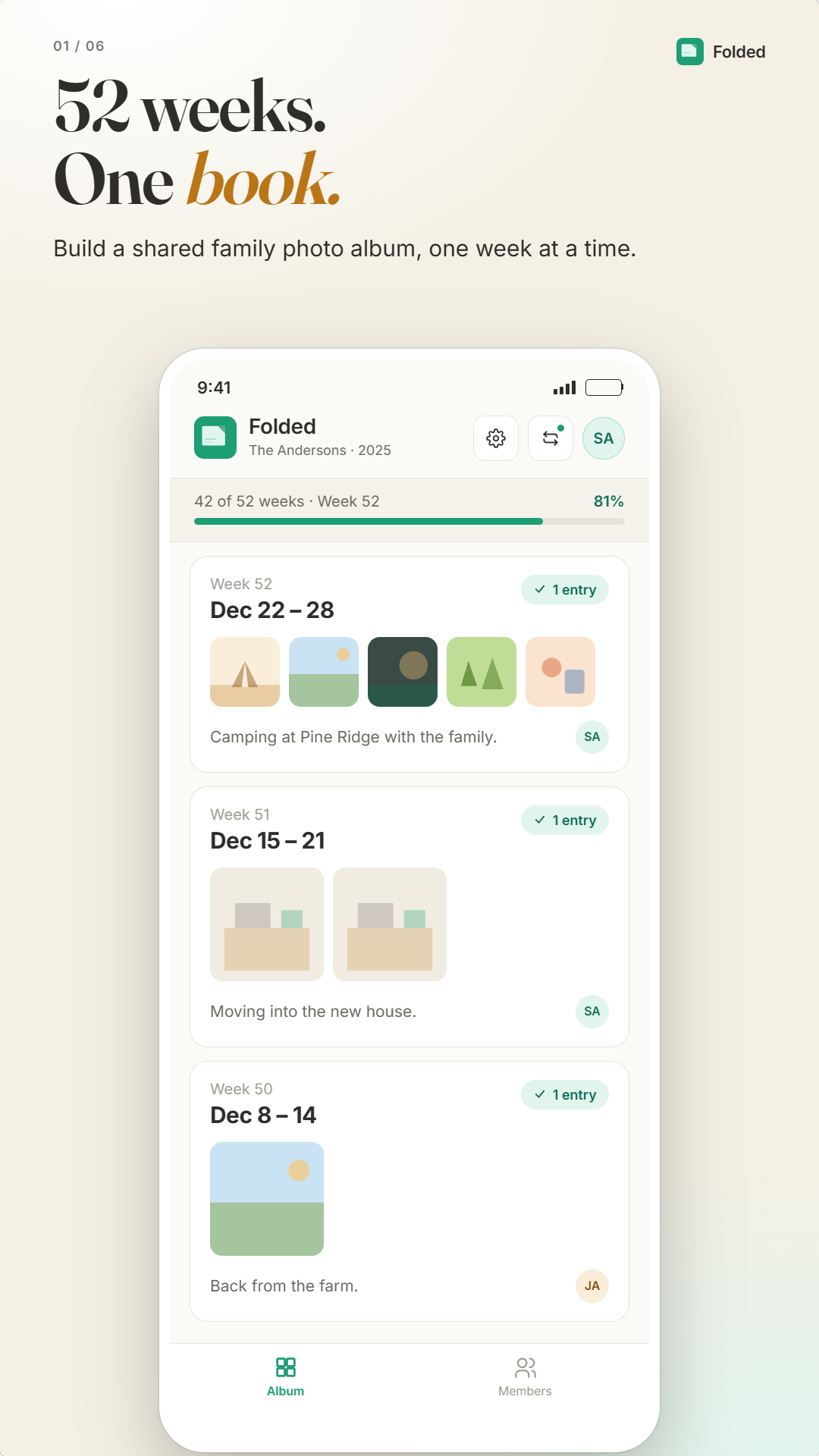 Folded app showing a family album with weekly photo entries