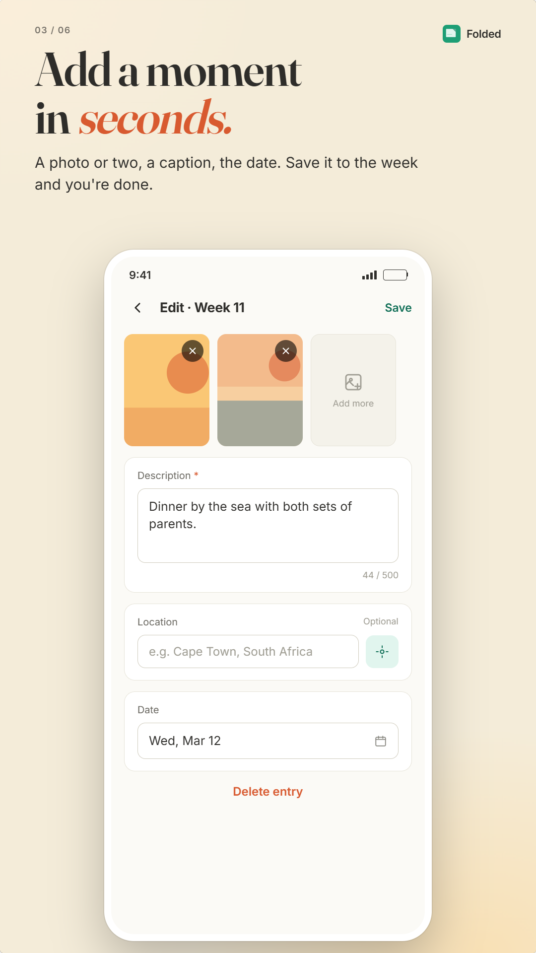 Add entry screen showing photo, caption, location and date picker